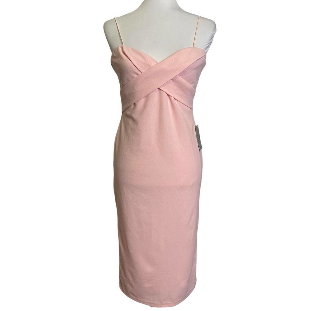 Love X Design Midi Dress Cross Front Pencil Sheath Spaghetti Strap Blush Pink L